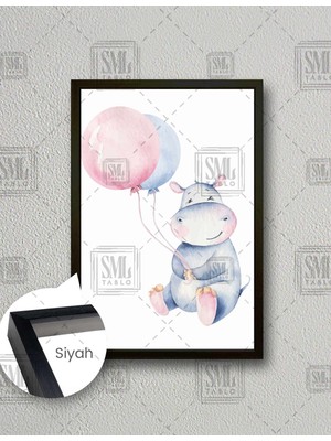 SML Tablo Hipopotam Su Aygırı Yavrusu Renkli Balon Çizgi Film Karakteri Çocuk Odası Dekor Dikey Çerçeveli Kanvas Tablo