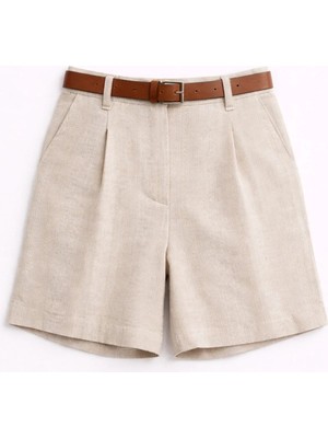 Mixray 40222 Kadın Yüksek Bel Deri Kemerli Pileli Şort Naturel