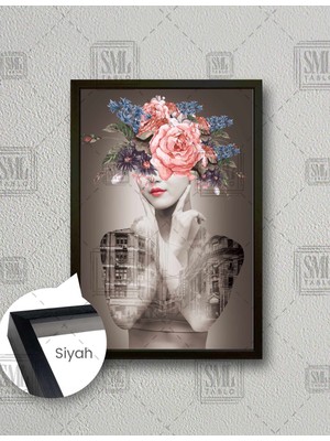 SML Tablo Çiçek Yüzlü Kadın Gül Rose Manzara Şehir City Dikey Çerçeveli Kanvas Tablo