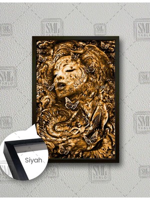 SML Tablo Ağzı Açık Gözleri Kapalı Altın Gold Kadın Uçan Kelebekler Dekor Dikey Çerçeveli Kanvas Tablo