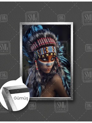 SML Tablo Kızıl Derili Savaşcı Kadın Etnik Kıyafet Güzellik Woman Dikey Çerçeveli Kanvas Tablo