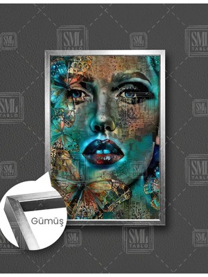SML Tablo Kelebek Yüzlü Kırmızı Rujlu Kadın Dijital Woman Dekor Dikey Çerçeveli Kanvas Tablo