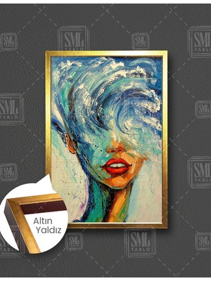 SML Tablo Deniz Suratlı Dalga Saçlı Doğa Kadın Kırmızı Rujlu Soyut Woman Makyaj Dekor Dikey Çerçeveli Kanvas Tablo