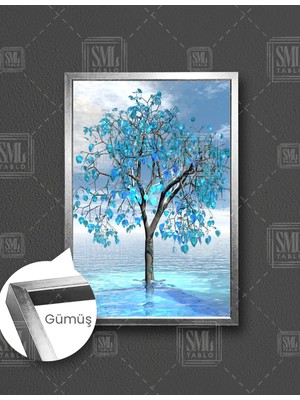 SML Tablo Mavi Yapraklı Denizdeki Ağaç Sahil Doğa Manzara Dikey Çerçeveli Kanvas Tablo