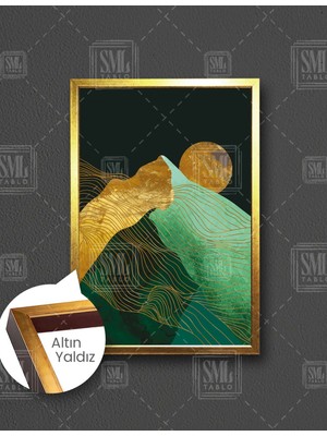SML Tablo Turkuaz Gold Dağ Manzara Doğa Soyut Sanat Altın Çizgili Dikey Çerçeveli Kanvas Tablo