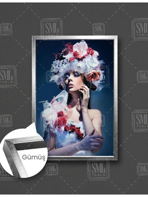 SML Tablo Çiçek Duaklı Gelin Manken Model Kadın Dekorasyon Dikey Çerçeveli Kanvas Tablo