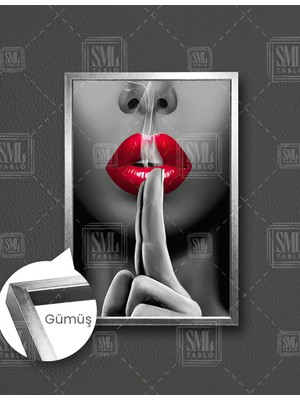 SML Tablo Kırmızı Rujlu Kadın Sus Işareti Duman Sigara Dudak Öpücük Dikey Çerçeveli Kanvas Tablo
