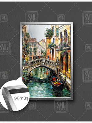 SML Tablo Venedik Manzarası Kayık Şehir Nehir Taş Köprü Dikey Çerçeveli Kanvas Tablo