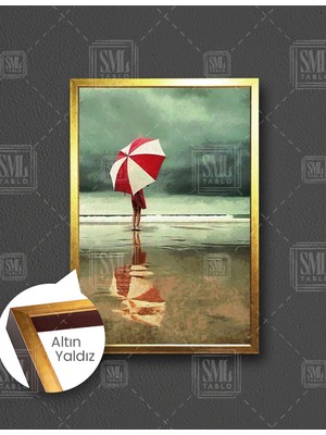 SML Tablo Kırmızı Beyaz Şemsiyeli Sahildeki Kadın Doğa Manzara Deniz Dekor Dikey Çerçeveli Kanvas Tablo