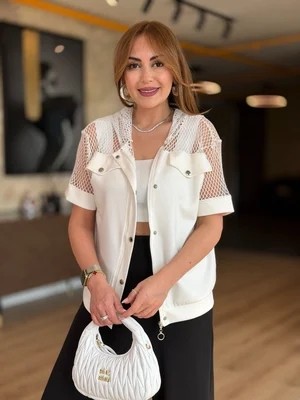 Qimya Butik Şans Life Kadın Kısa Kollu File Kapüşon ve Detaylı Çıtçıtlı Pamuk Ceket