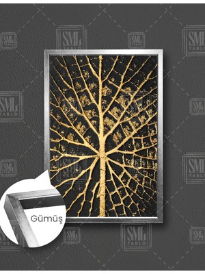 SML Tablo Altın Renkli Ağaç Yaprak Modern Dekoratif Gold Hayat Ağacı Dikey Çerçeveli Kanvas Tablo