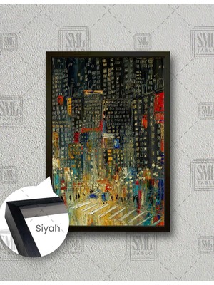 SML Tablo Gece Soyut Şehir Manzarası Street City Yağlı Boya Efektli Dekoratif Dikey Çerçeveli Kanvas Tablo