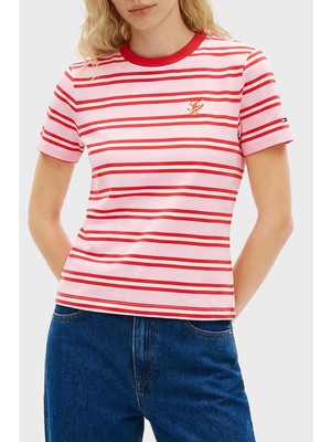 Tommy Hilfiger Çizgili Pamuklu Regular Fit Bisiklet Yaka T Shirt Bayan T Shirt WW0WW48699 0d3