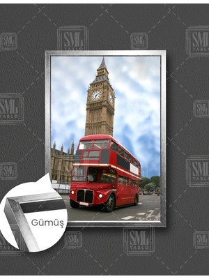 SML Tablo Kırmızı Retro Otobüs Londra Manzara Kule Dikey Çerçeveli Kanvas Tablo