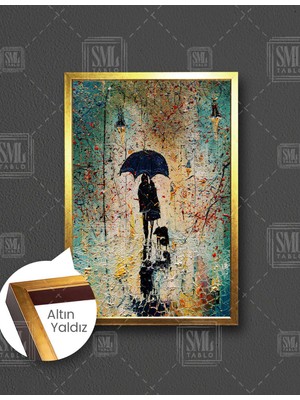 SML Tablo Sokakta Yağmur Altında Yürüyen Şemsiyeli Çift Yağlı Boya Efektli Dekor Dikey Çerçeveli Kanvas Tablo