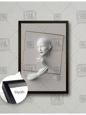 SML Tablo Kabartma Efektli Altın Kare Çerçeve Içinde Mermer Kadın Dikey Çerçeveli Kanvas Tablo