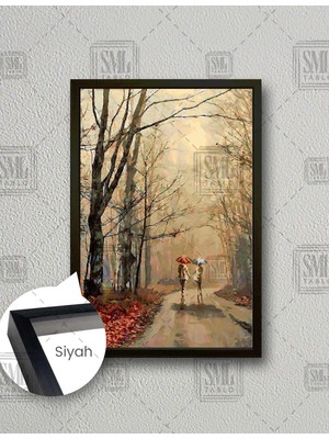 SML Tablo Orman Yolunda Yürüyen Şemsiyeli Çift Doğa Manzara Dekor Dikey Çerçeveli Kanvas Tablo