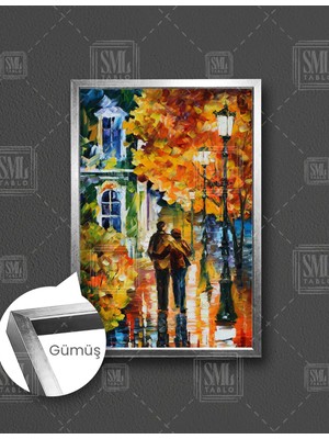 SML Tablo Birbirine Sarılmış Çift Aşıklar Yağlı Boya Efektli Sokak Şehir Soyut Dikey Çerçeveli Kanvas Tablo