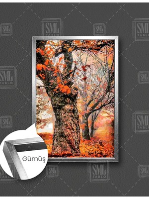 SML Tablo Sonbaharda Dökülen Yapraklar Ağaç Orman Manzarası Dikey Çerçeveli Kanvas Tablo