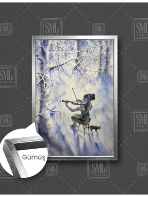 SML Tablo Ağaç Altında Keman Çalan Kadın Müzik Art Deror Dikey Çerçeveli Kanvas Tablo