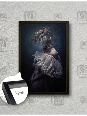 SML Tablo Çiçek Saçlı Doğa Kadın Maskeli Model Woman Dikey Çerçeveli Kanvas Tablo