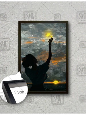 SML Tablo Gün Batımı Güneşi Tutmuş Kadın Işıktan Kelebek Art Dikey Çerçeveli Kanvas Tablo