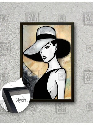 SML Tablo Siyah Elbiseli Şapkalı Kadın Woman Dekor Art Dikey Çerçeveli Kanvas Tablo
