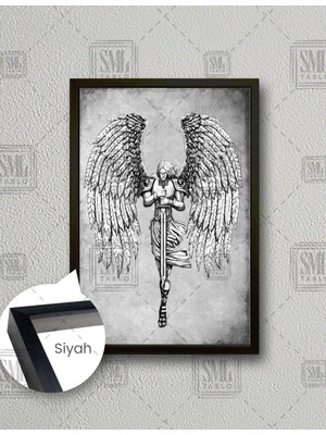 SML Tablo Kanatlarını Açmış Kılıçlı Melek Art Dikey Çerçeveli Kanvas Tablo