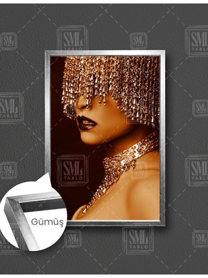 SML Tablo Altın Takılı Kadın Model Kırmızı Ruj Makyaj Gold Sepya Dikey Çerçeveli Kanvas Tablo