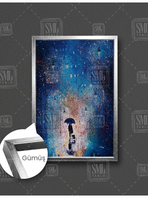 SML Tablo Gece Sokak Lambası Altında Yağmurda Yürüyen Şemsiyeli Çift Aşk Manzara Dikey Çerçeveli Kanvas Tablo