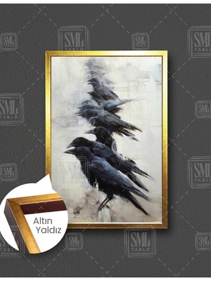 SML Tablo Dal Üzerine Konmuş Soyut Kargalar Dekoratif Dikey Çerçeveli Kanvas Tablo