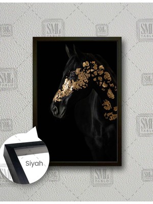 SML Tablo Altın Işlemeli Siyat At Asalet Dekor Dikey Çerçeveli Kanvas Tablo