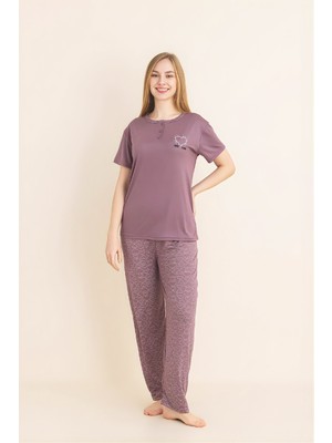Enisena Kadın Pijama Takımı-Menekşe Kumaş-3 Düğmeli-Yaka BASKILI-12606SF