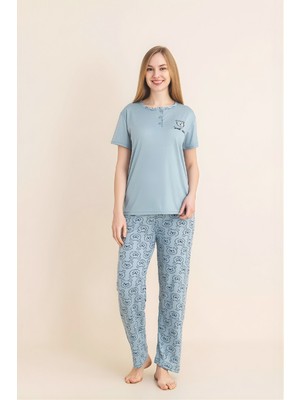Enisena Kadın Pijama Takımı-Menekşe Kumaş-3 Düğmeli-Yaka BASKILI-12606SF