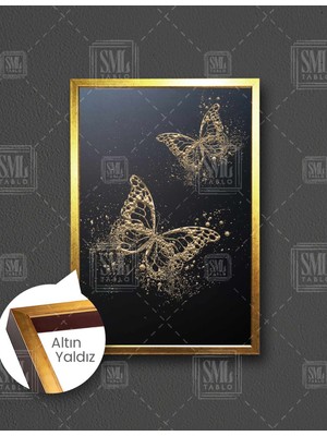 SML Tablo Altın Kelebek Modern Gold Dekoratif Dikey Çerçeveli Kanvas Tablo