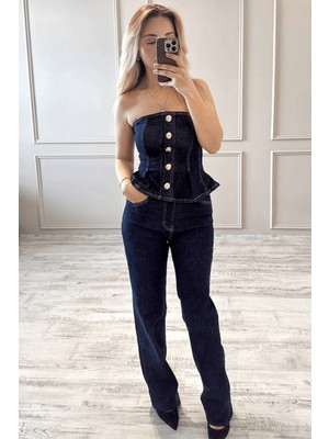BeeYouStudio Gold Düğme Detaylı Denim Alt-Üst Takım