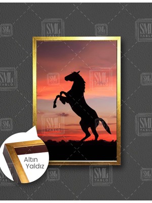 SML Tablo Şaha Kalkmış At Gün Batımı Doğa Manzara Asalet Dikey Çerçeveli Kanvas Tablo