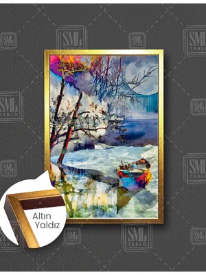 SML Tablo Ay Işığı Altında Kıyıdaki Tekne Soyut Manzara Sahil Doğa Dikey Çerçeveli Kanvas Tablo