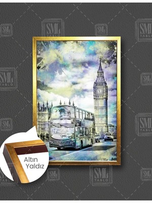 SML Tablo Londra Saat Kulesi Retro Otobüs Dekor Seyahat Dikey Çerçeveli Kanvas Tablo
