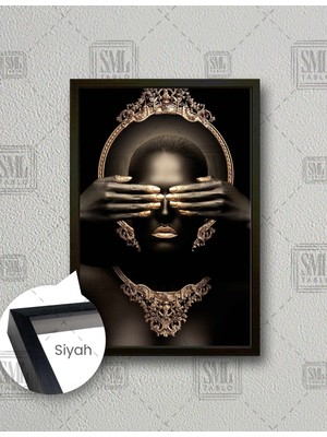 SML Tablo Gözü Kapalı Afrikalı Kadın Gold Takı Gerdanlık Dikey Çerçeveli Kanvas Tablo