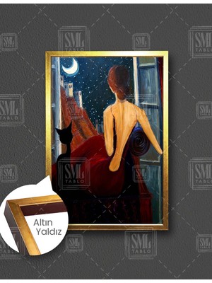 SML Tablo Pencereden Şehir Manzara Seyreden Kırmızı Elbiseli Kadın ve Siyah Kedi Dikey Çerçeveli Kanvas Tablo