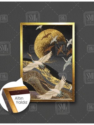 SML Tablo Uçan Kuşlar Altın Gold Dekoratif Modern Sanat Leylek Göç Dikey Çerçeveli Kanvas Tablo