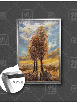 SML Tablo Kahverengi Ağaç Sonbahar Doğa Manzara Dekor Dikey Çerçeveli Kanvas Tablo