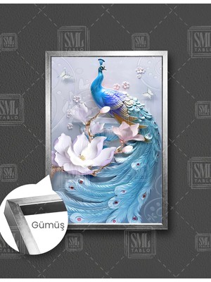 SML Tablo Kabartma Tavus Kuşu Mermer Görünümlü Dikey Çerçeveli Kanvas Tablo