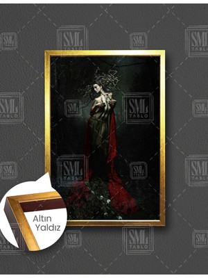 SML Tablo Kırmızı Şallı Doğa Kadın Model Woman Nü Dikey Çerçeveli Kanvas Tablo