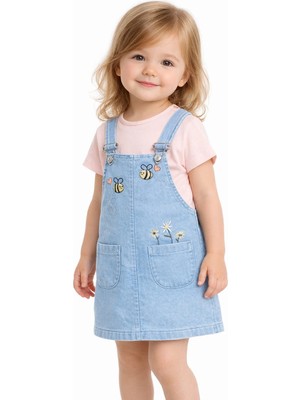 Dinamik çocuk Kız Bebek Arı Nakışlı Kot Görünümlü Jile Elbise + Basic Pamuk T-Shirt 2'li Takım 6-9-12-18-24 Aylık