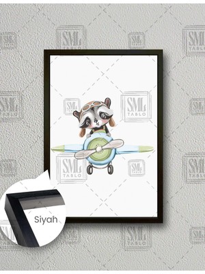 SML Tablo Bulutlar Uçak Yavru Rakun Çizgi Film Karakteri Çocuk Odası Dekor Dikey Çerçeveli Kanvas Tablo