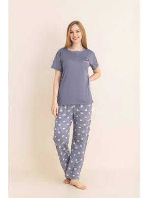 Enisena Kadın Pijama Takımı-Menekşe Kumaş-3 Düğmeli-Yaka BASKILI-12606SF