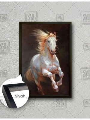 SML Tablo Koşan Saçları Uçuşan Beyaz At Asalet Dikey Çerçeveli Kanvas Tablo