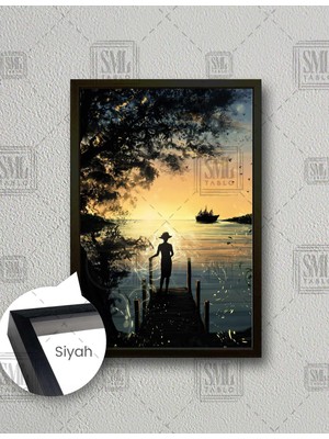 SML Tablo İskele Kadın Gün Batımı Manzara Doğa Deniz Rıhtım Sahil Gemi Dikey Çerçeveli Kanvas Tablo